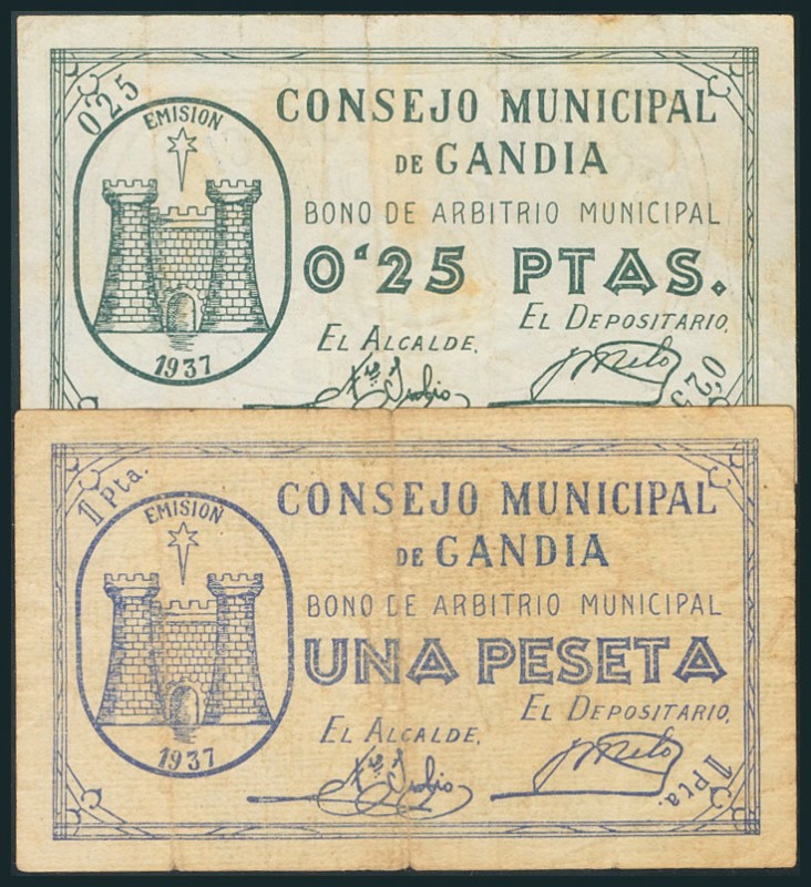 GANDIA (VALENCIA). 25 Céntimos y 1 Peseta. (1937ca). Serie A. (González: 2610/11...
