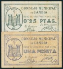 GANDIA (VALENCIA). 25 Céntimos y 1 Peseta. (1937ca). Serie A. (González: 2610/11). BC.