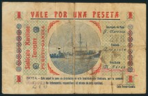 GANDIA GRAO (VALENCIA). 1 Peseta del Sindicato Marítimo Terrestre. (1938ca). No catalogado y único conocido por el departamento de notafilia de Iberco...