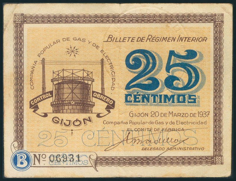 GIJON (ASTURIAS). 25 Céntimos. 20 de Marzo de 1937. Serie B. (González: 2657). M...