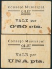 GILET (VALENCIA). 50 Céntimos y 1 Peseta. (1938ca). (González: 2694/95). Rarísimos. BC.