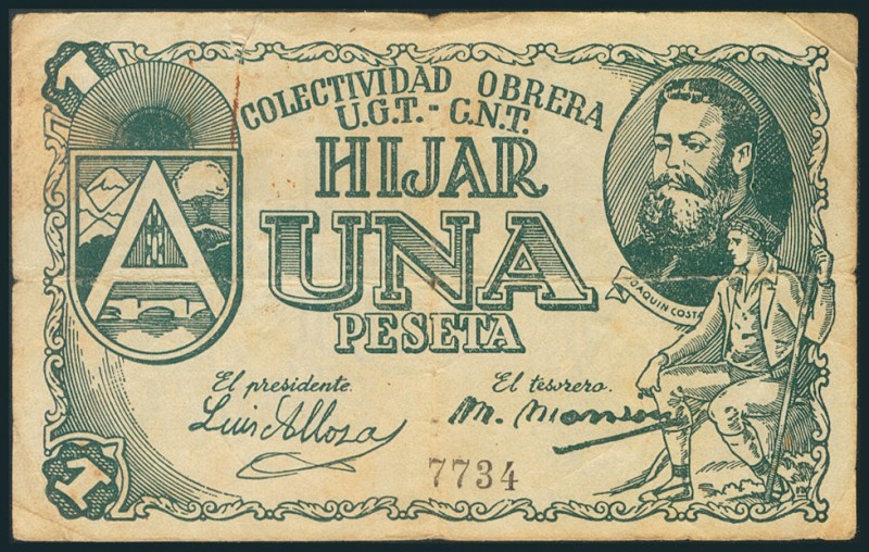 HIJAR (TERUEL). 1 Peseta. (1938ca). (González: 2850). MBC.