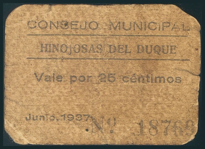 HINOJOSA DEL DUQUE (CORDOBA). 25 Céntimos. Junio 1937. (González: 2862). Inusual...