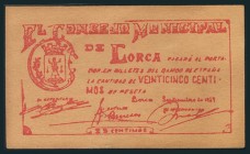 LORCA (MURCIA). 25 Céntimos (sin estampación). Septiembre 1937. (González: 3231). EBC+.