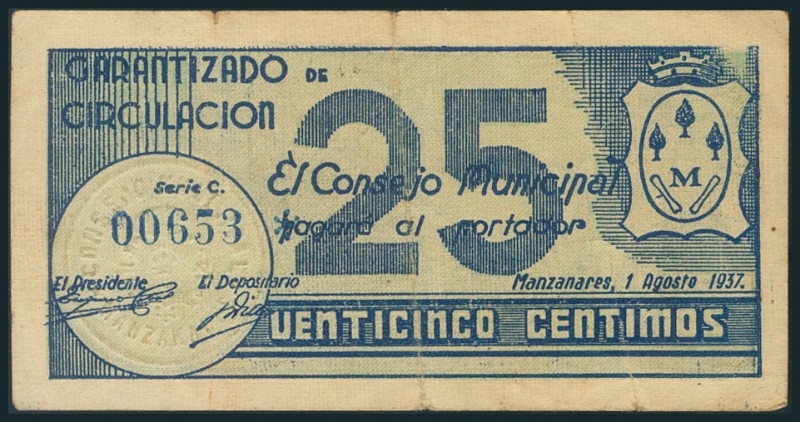 MANZANARES (CIUDAD REAL). 25 Céntimos. 1 de Agosto de 1937. Serie C. (González: ...