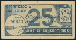MANZANARES (CIUDAD REAL). 25 Céntimos. 1 de Agosto de 1937. Serie C. (González: 3369). MBC.