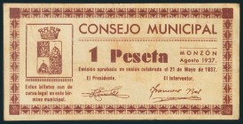 MONZON (HUESCA). 1 Peseta. Agosto 1937. Serie A. (González: 3682). MBC.