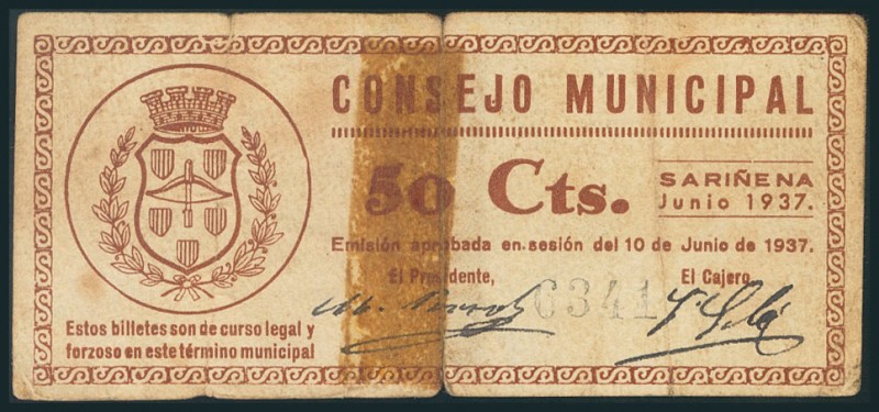 SARIÑENA (HUESCA). 50 Céntimos. 10 de Junio de 1937. (González: 4785). Presencia...