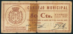 SARIÑENA (HUESCA). 50 Céntimos. 10 de Junio de 1937. (González: 4785). Presencia de restos de cinta adhesiva. RC.