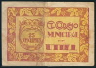 UTIEL (VALENCIA). 25 Céntimos. (1938ca). Serie A. (González: 5249). BC.