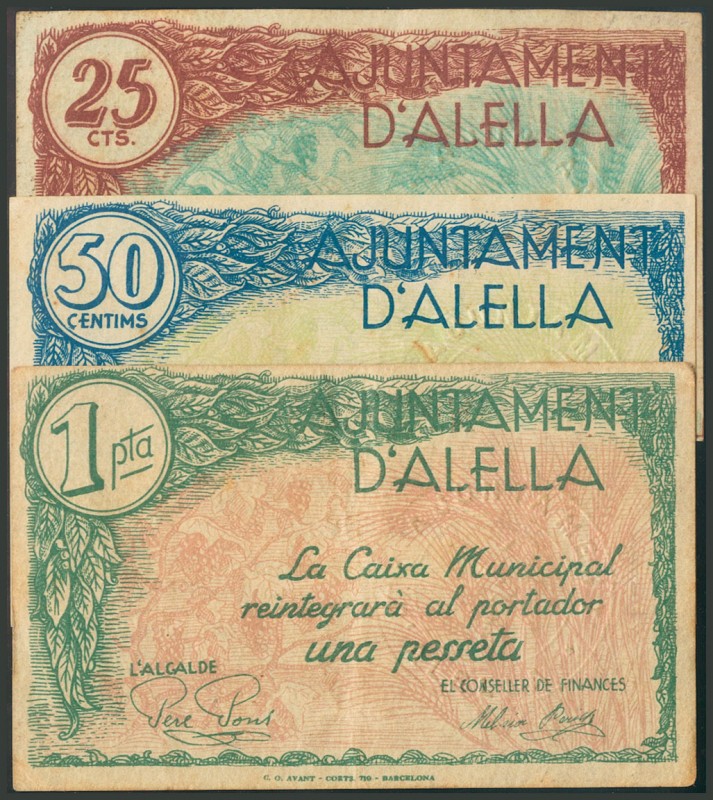 ALELLA (BARCELONA). 25 Céntimos, 50 Céntimos y 1 Peseta. (1938ca). (González: 61...