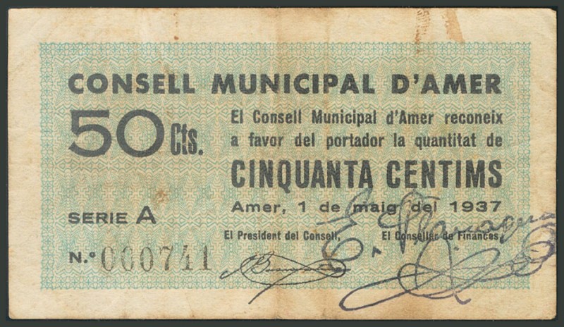 AMER (GERONA). 50 Céntimos. 1 de Mayo de 1937. Serie A. (González: 6246). MBC.