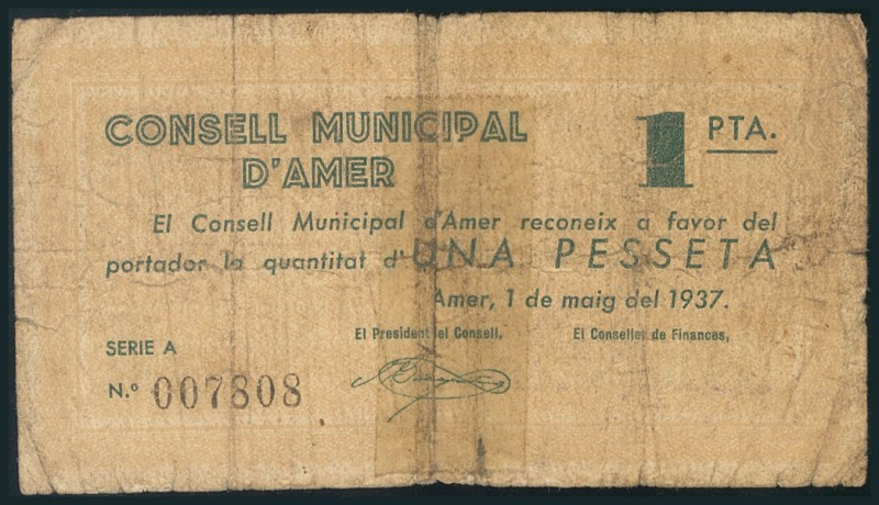 AMER (GERONA). 1 Peseta. 1 de Mayo de 1937. Serie A. (González: 6247). Presencia...