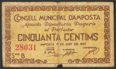 AMPOSTA (TARRAGONA). 50 Céntimos. 1 de Junio de 1937. Serie B. (González: 6275). BC.