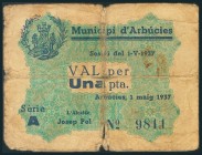 ARBUCIES (GERONA). 1 Peseta. 1 de Mayo de 1937. Serie A. (González: 6323). RC.
