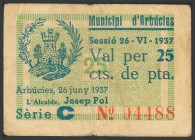 ARBUCIES (GERONA). 25 Céntimos. 26 de Junio de 1937. Serie C. (González: 6324). BC.
