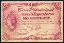 ARGENTONA (BARCELONA). 25 Céntimos. 30 de Octubre de 1937. (González: 6390). RC.