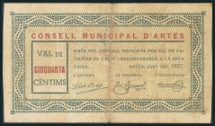 ARTES (BARCELONA). 50 Céntimos. Junio 1937. (González: 6411). Raro. MBC.