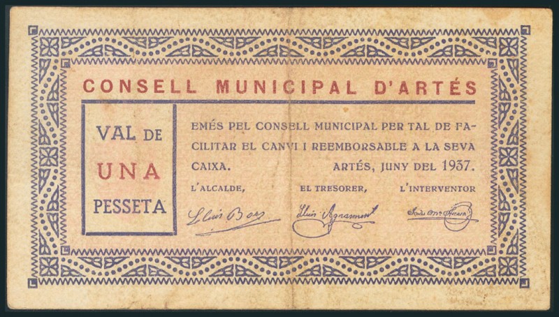 ARTES (BARCELONA). 1 Peseta. Junio 1937. (González: 6412). Raro. MBC.