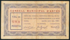 ARTES (BARCELONA). 1 Peseta. Junio 1937. (González: 6412). Raro. MBC.