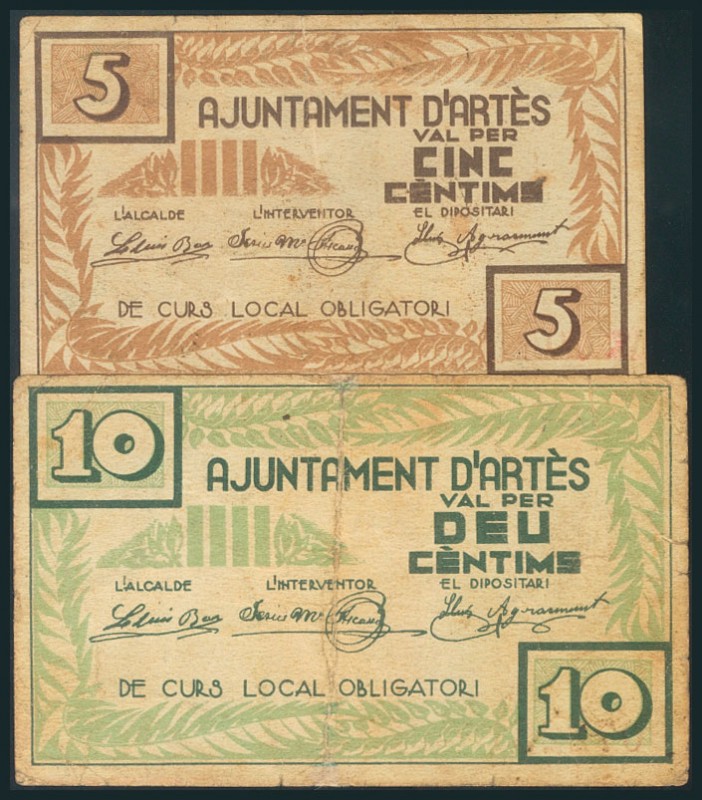 ARTES (BARCELONA). 5 Céntimos y 10 Céntimos. (1938ca). (González: 6413, 6414). M...