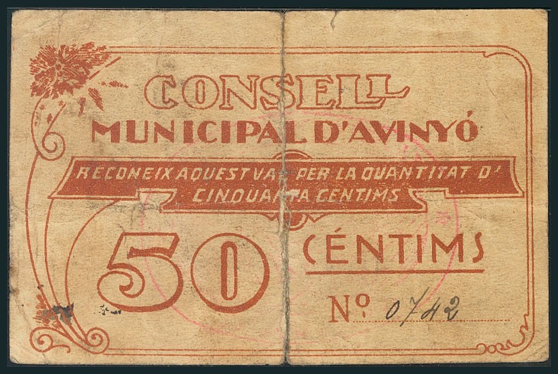 AVINYO (BARCELONA). 50 Céntimos. (1938ca). (González: 6449). Reparado para unir ...