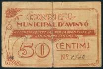 AVINYO (BARCELONA). 50 Céntimos. (1938ca). (González: 6449). Reparado para unir las dos partes del billete. RC.