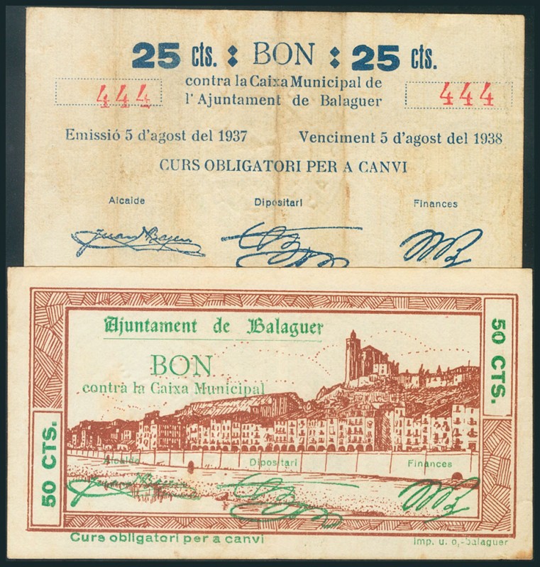 BALAGUER (LERIDA). 25 Céntimos y 50 Céntimos. 5 de Agosto de 1937. (González: 64...