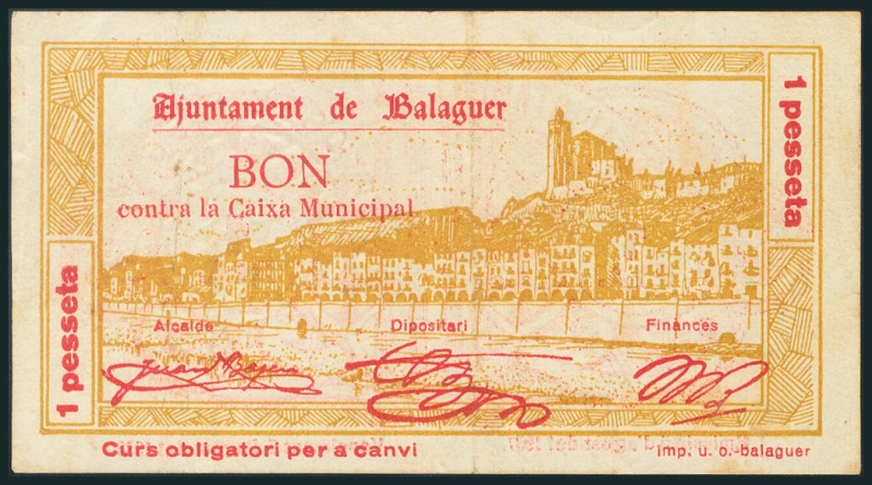 BALAGUER (LERIDA). 1 Peseta. 5 de Agosto de 1937. (González: 6488). MBC.