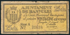 BANYOLES (GERONA). 25 Céntimos. 17 de Agosto de 1937. Serie A. (González: 6506). RC.