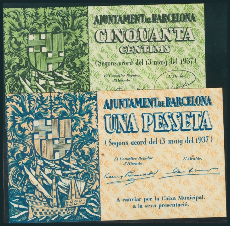 BARCELONA. 50 Céntimos y 1 Peseta. 13 de Mayo de 1937. Series C y A, respectivam...