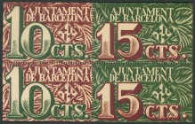BARCELONA. 2 billetes de 10 Céntimos y 2 billetes de 15 Céntimos. 2 de Diciembre de 1937. Series A y B, respectivamente. (González: 6523/24). EBC+.