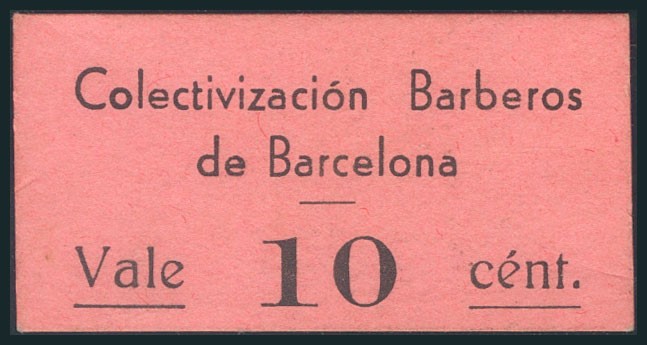 BARCELONA. 10 Céntimos. Colectivización de Barberos. (1938ca). (González: 6658)....