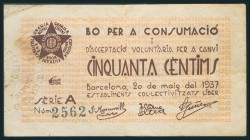 BARCELONA (ESTABLECIMENTS COLLECTIVIZATS LIBER). 5 Céntimos. 20 de Mayo de 1937. Serie A. (González: 6714). BC.