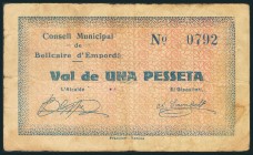 BELLCAIRE D´EMPORDA (BARCELONA). 1 Peseta. Mayo 1937. (González: 6961). Muy raro. BC.