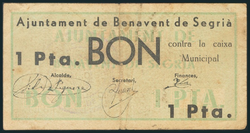 BENAVENT DE SEGRIA (LERIDA). 1 Peseta. Mayo 1937. (González: 7017). Muy raro. BC...