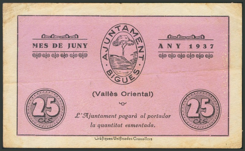 BIGUES (BARCELONA). 25 Céntimos. Junio 1937. (González: 7051). MBC.