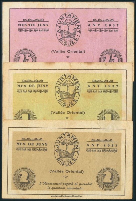BIGUES (BARCELONA). 25 Céntimos, 1 Peseta y 2 Pesetas. Junio 1937. (González: 70...