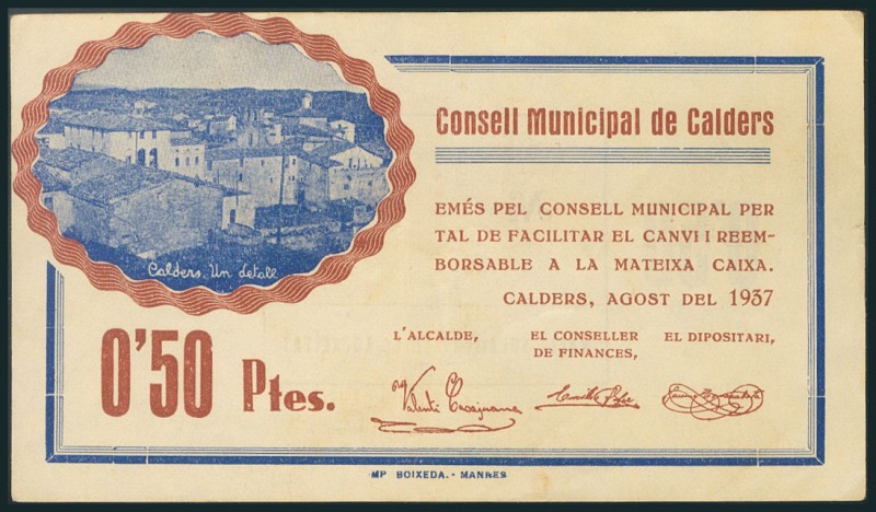 CALDERS (BARCELONA). 50 Céntimos. Agosto 1937. (González: 7272). Raro. EBC.