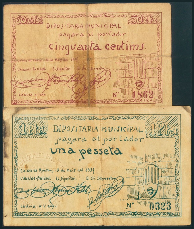 CALDES DE MONTBUI (BARCELONA). 50 Céntimos y 1 Peseta. Mayo 1937. (González: 728...
