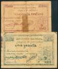 CALDES DE MONTBUI (BARCELONA). 50 Céntimos y 1 Peseta. Mayo 1937. (González: 7281/82). El billete de 50 cts con cinta adhesiva. RC.