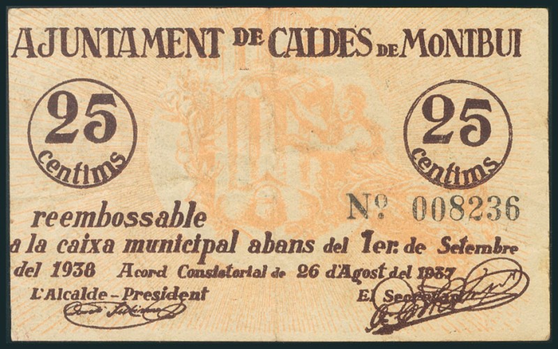 CALDES DE MONTBUI (BARCELONA). 25 Céntimos. Mayo 1937. (González: 7283). MBC.