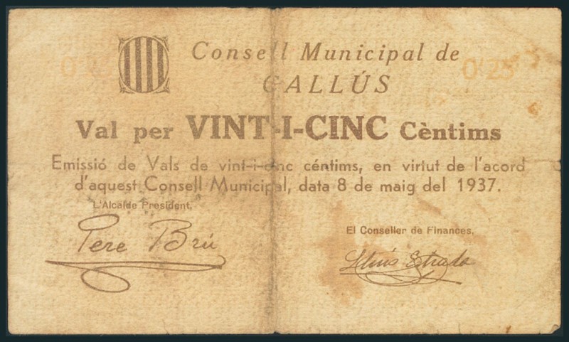 CALLUS (BARCELONA). 25 Céntimos. 8 de Mayo de 1937. (González: 7297). BC.