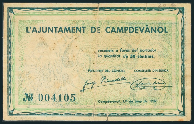 CAMPDEVANOL (GIRONA). 50 Céntimos. 1 de Junio de 1937. (González: 7328). MBC.
