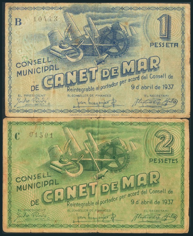 CANET DE MAR (BARCELONA). 1 Peseta y 2 Pesetas. 9 de Abril de 1937. Series B y C...