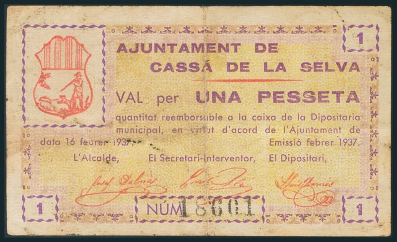 CASSA DE LA SELVA (GERONA). 1 Peseta. 16 de Febrero de 1937. (González: 7408). B...