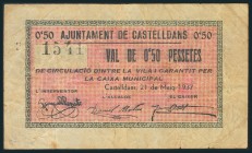 CASTELLDANS. 50 Céntimos. 21 de Mayo de 1937. (González: 7437). Muy raro. MBC.