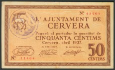 CERVERA (LERIDA). 50 Céntimos. Abril 1937. (González: 7556). EBC.
