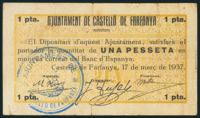 CASTELLO DE FARFANYA (LERIDA). 1 Peseta. 17 de Marzo de 1937. Serie A. (González...