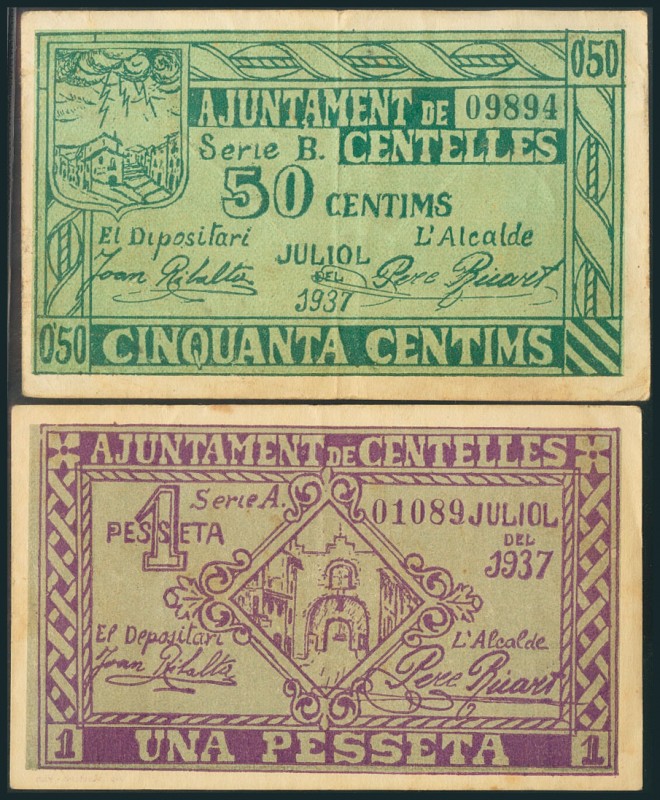 CENTELLES (BARCELONA). 50 Céntimos y 1 Peseta. Julio 1937. Series B y A, respect...